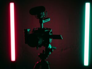 Low-light video creation setup illustrating live streaming quality and technology